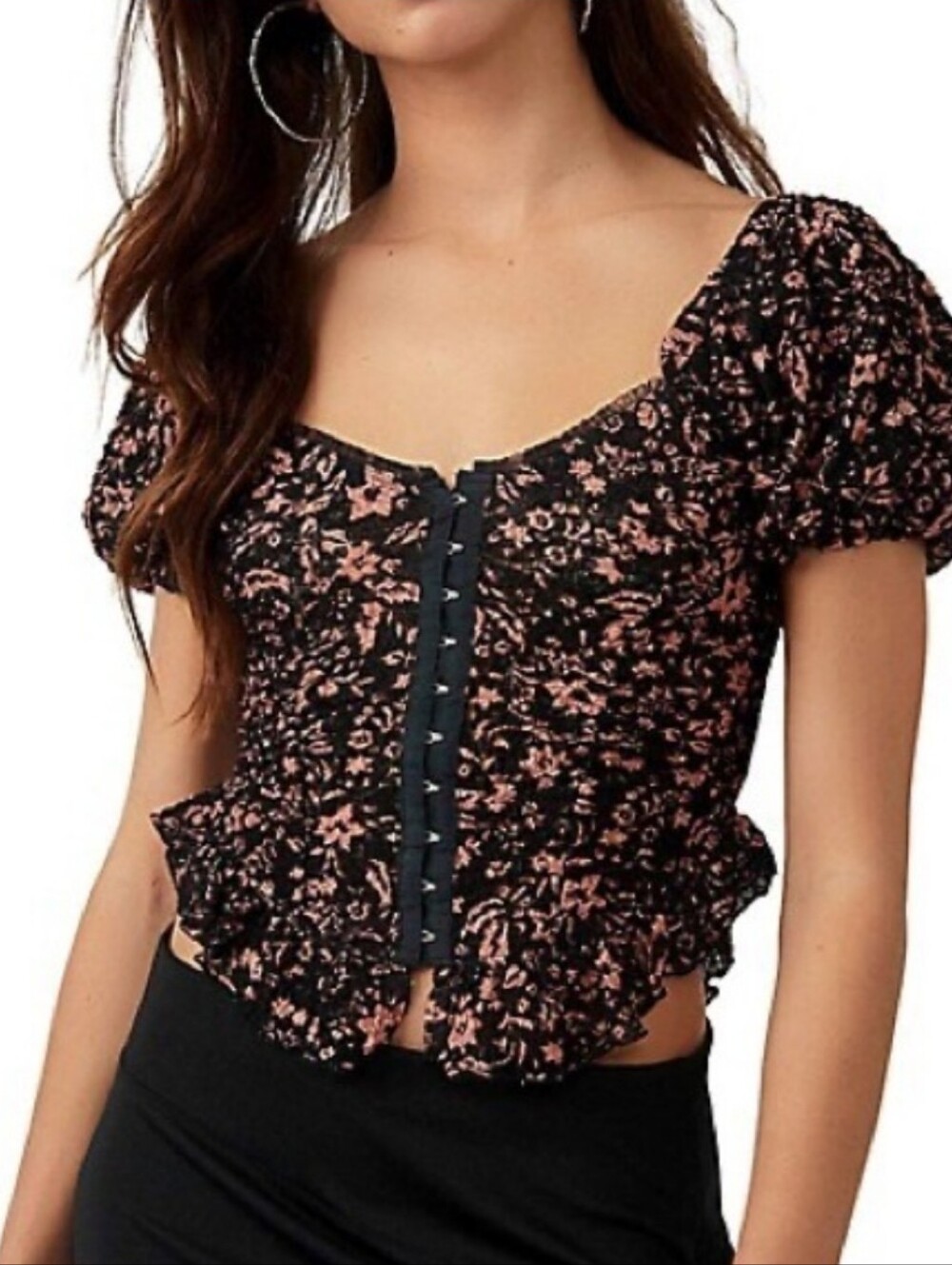 Free People Women's Oh Baby Top Black Lace Corset Style Hook closure Med